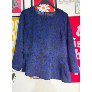 Ann Taylor Peplum Top Size 8 – Blue & Black Brocade Print Long Sleeve Blouse